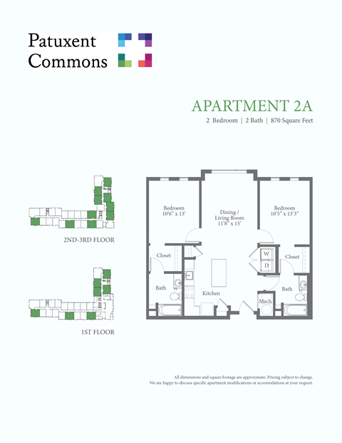 Floor plan for 2 beds, 1 bath, 870 sqft
